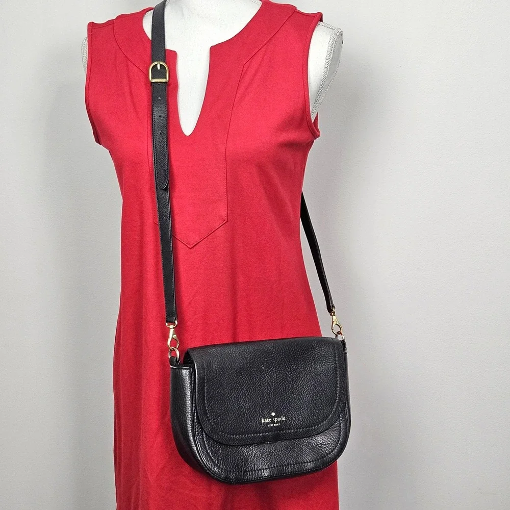 Kate Spade Black Pebbled Cow Leather Crossbody Flap Bag Gold Tone Hardware